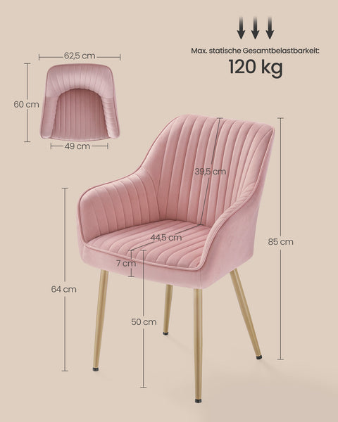 Rootz Velvet Chair - Blush Pink-Gold - Metal Legs - Wooden Top - Foam Padding - 60cm x 62.5cm x 85cm - Seat Cushion 7cm