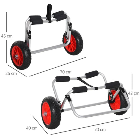 Rootz Canoe Cart - Kayak Cart - Surf Cart - Foldable With Belt - Wheels Padded - Aluminum - Silver - L70 x W40 x H42 cm