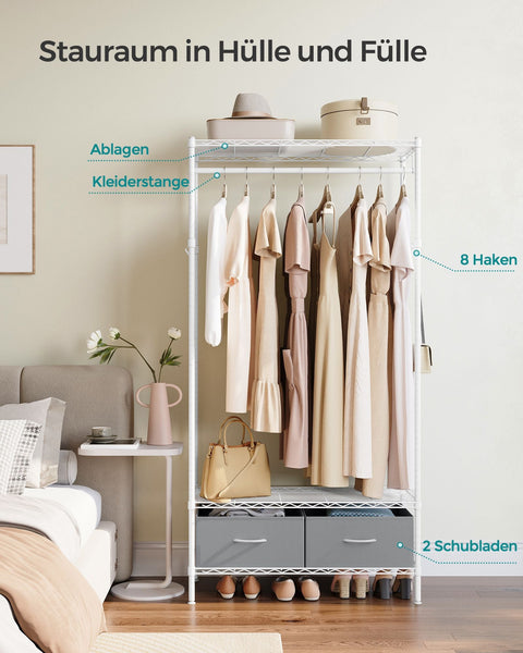 Rootz Steel Clothes Rack - Wardrobe Organizer - Garment Rack - Cloud White-Dove Gray - 40cm x 90cm x 180cm - Max 90kg Total Load Capacity