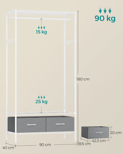 Rootz Steel Clothes Rack - Wardrobe Organizer - Garment Rack - Cloud White-Dove Gray - 40cm x 90cm x 180cm - Max 90kg Total Load Capacity