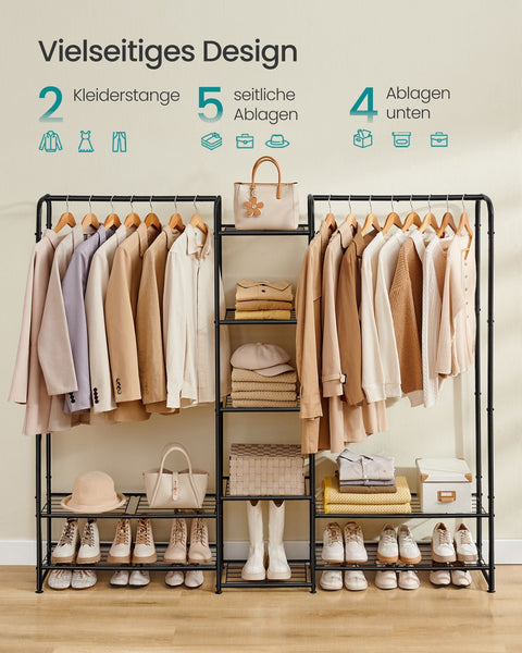 Rootz Clothes Rack with Shelves - Garment Organizer - Storage Stand - Steel Material - 29cm x 183cm x 158.4cm - Matte Black