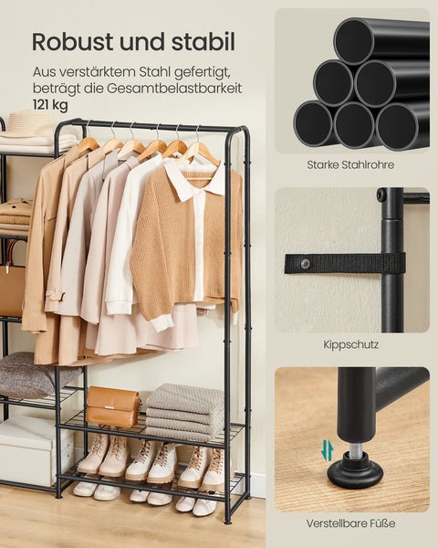 Rootz Clothes Rack with Shelves - Garment Organizer - Storage Stand - Steel Material - 29cm x 183cm x 158.4cm - Matte Black