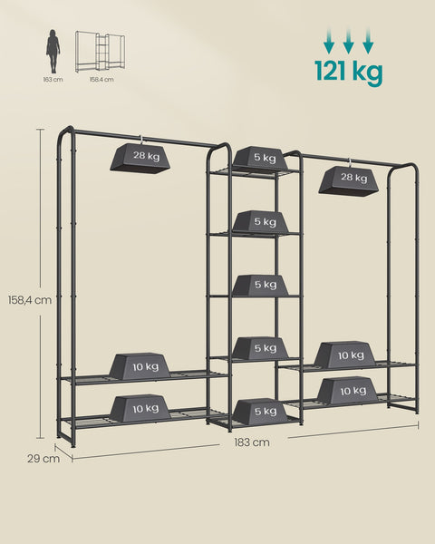 Rootz Clothes Rack with Shelves - Garment Organizer - Storage Stand - Steel Material - 29cm x 183cm x 158.4cm - Matte Black