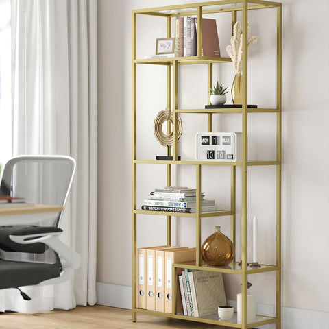 Rootz Gold Glass Steel Stand Shelf - Display Rack - Tempered Glass - Sturdy Steel Frame - Spacious Storage - 30cm x 80cm x 180cm