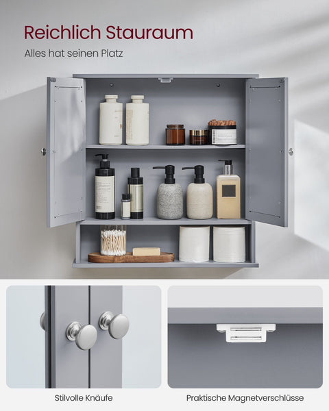 Rootz Wall-Mounted Mirror Cabinet - Grey - MDF Storage - Space-saving - 13 x 56.5 x 58.5 cm