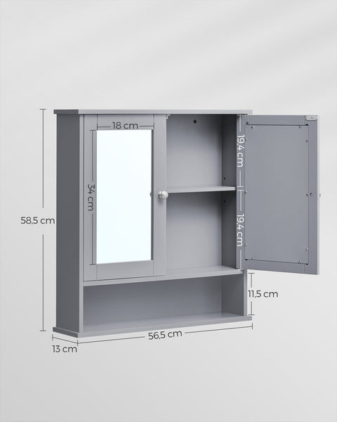 Rootz Wall-Mounted Mirror Cabinet - Grey - MDF Storage - Space-saving - 13 x 56.5 x 58.5 cm