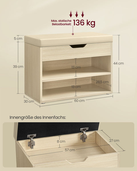 Rootz Shoe Bench with Storage - Entryway Organizer - Ottoman Bench - Chipboard Construction - 30cm x 60cm x 44cm - Natural Beige