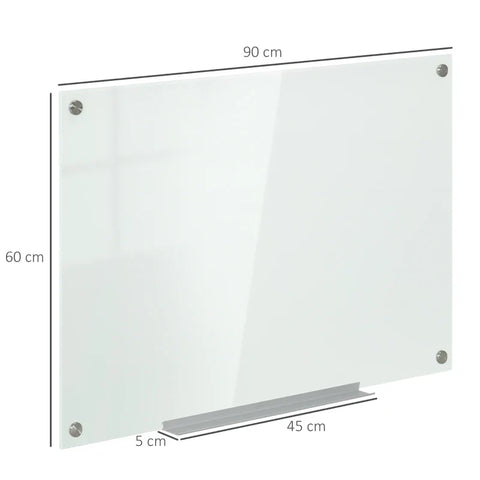 Rootz Glass Whiteboard - Memo Board - Whiteboard - 4 Pens - 6 Magnets - 1 Sponge - 1 Shelf - Office Supplies - White - 90L x 60W cm