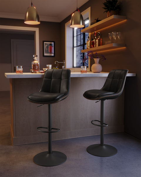 Rootz Set of 2 Bar Stools - High Chairs - Backrest - PU Material - Chrome Plated Steel - Foam Padding - 44cm x 48cm x (90-112)cm