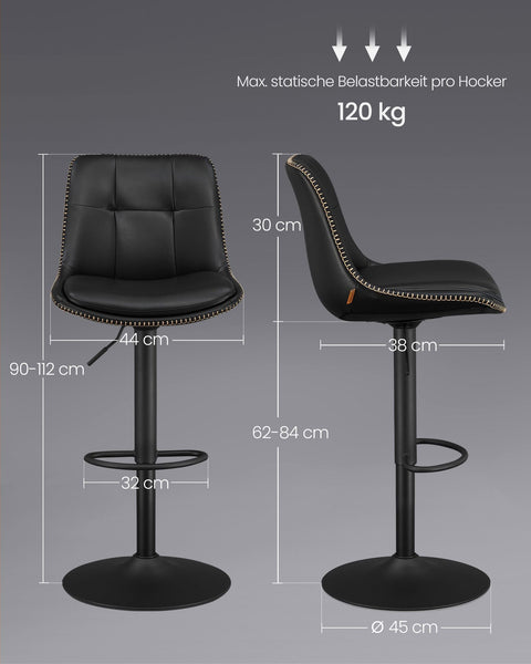 Rootz Set of 2 Bar Stools - High Chairs - Backrest - PU Material - Chrome Plated Steel - Foam Padding - 44cm x 48cm x (90-112)cm