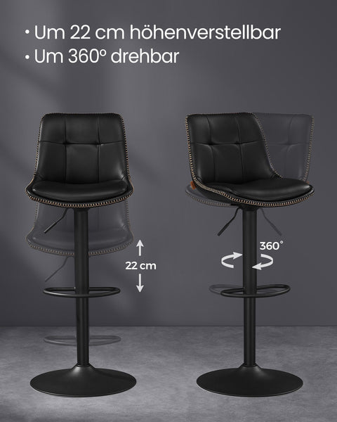 Rootz Set of 2 Bar Stools - High Chairs - Backrest - PU Material - Chrome Plated Steel - Foam Padding - 44cm x 48cm x (90-112)cm