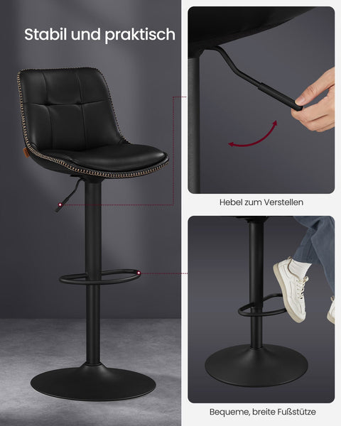 Rootz Set of 2 Bar Stools - High Chairs - Backrest - PU Material - Chrome Plated Steel - Foam Padding - 44cm x 48cm x (90-112)cm