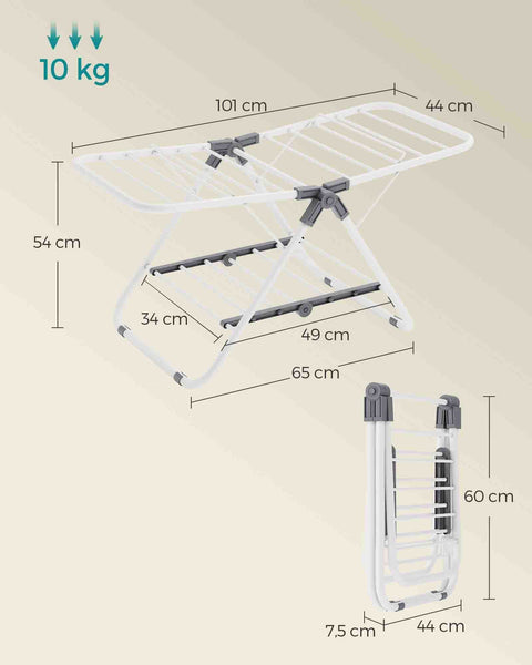 Rootz Portable Washing Rack - Laundry Stand - Clothes Drying Rack - Steel Frame - PP Plastic - Compact Design - Easy Assembly - Lightweight - Cloud White - 44cm x 101cm x 54cm (Unfolded) - 44cm x 60cm x 7.5cm (Folded)
