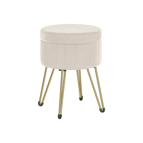 Rootz Velvet Ottoman Stool - Cream White - Round Seat - Padded Footrest - Compact Design - 39cm D x 44.4cm H