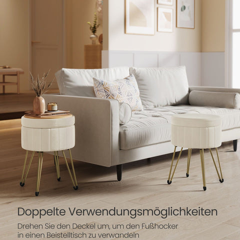 Rootz Velvet Ottoman Stool - Cream White - Round Seat - Padded Footrest - Compact Design - 39cm D x 44.4cm H