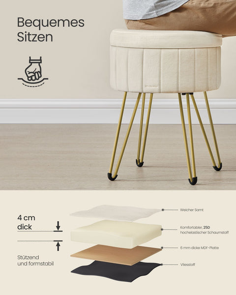 Rootz Velvet Ottoman Stool - Cream White - Round Seat - Padded Footrest - Compact Design - 39cm D x 44.4cm H