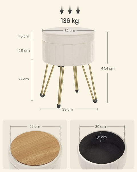 Rootz Velvet Ottoman Stool - Cream White - Round Seat - Padded Footrest - Compact Design - 39cm D x 44.4cm H