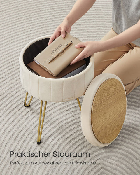 Rootz Velvet Ottoman Stool - Cream White - Round Seat - Padded Footrest - Compact Design - 39cm D x 44.4cm H