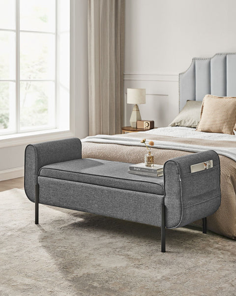 Rootz Storage Stool - Ottoman - Armchair - Slate Gray - Solid Wood - Steel - Imitation Linen - 50cm x 127cm x 55cm