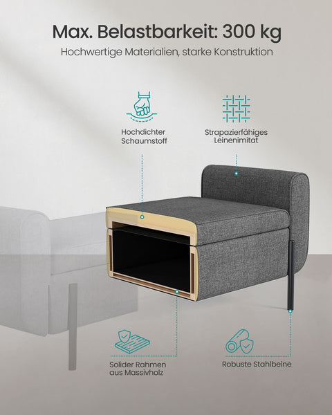 Rootz Storage Stool - Ottoman - Armchair - Slate Gray - Solid Wood - Steel - Imitation Linen - 50cm x 127cm x 55cm