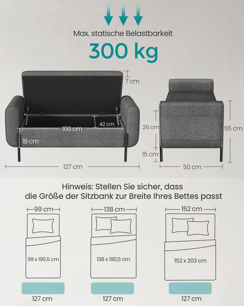 Rootz Storage Stool - Ottoman - Armchair - Slate Gray - Solid Wood - Steel - Imitation Linen - 50cm x 127cm x 55cm