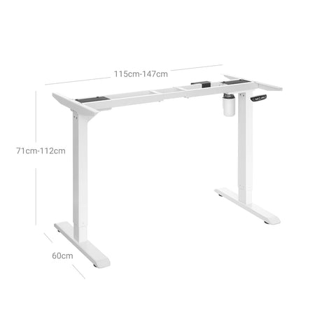 Rootz Electric Height Adjustable White Table Frame - Sit-Stand Desk - Motorized Desk - Steel - Continuous Height Adjustment - (115-147) x 60 x (71-112) cm