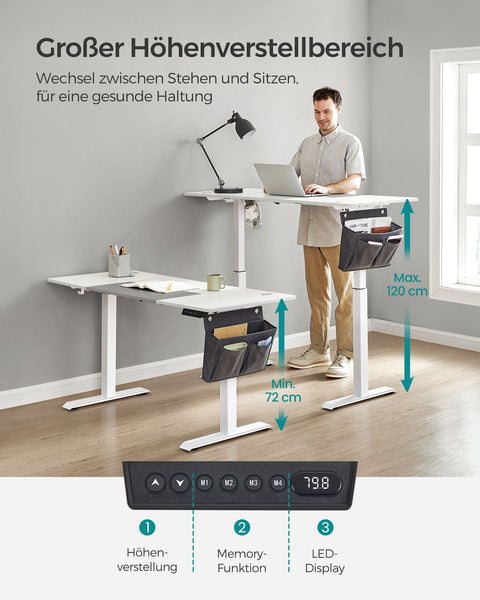 Rootz Electric Standing Desk - Height-Adjustable Desk - Sit Stand Desk - Chipboard - Steel Frame - 60cm x 140cm x (72-120cm) - White/Gray