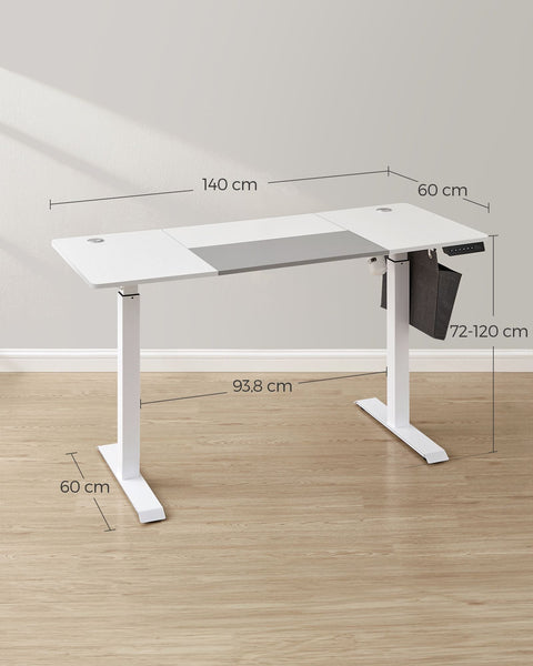 Rootz Electric Standing Desk - Height-Adjustable Desk - Sit Stand Desk - Chipboard - Steel Frame - 60cm x 140cm x (72-120cm) - White/Gray