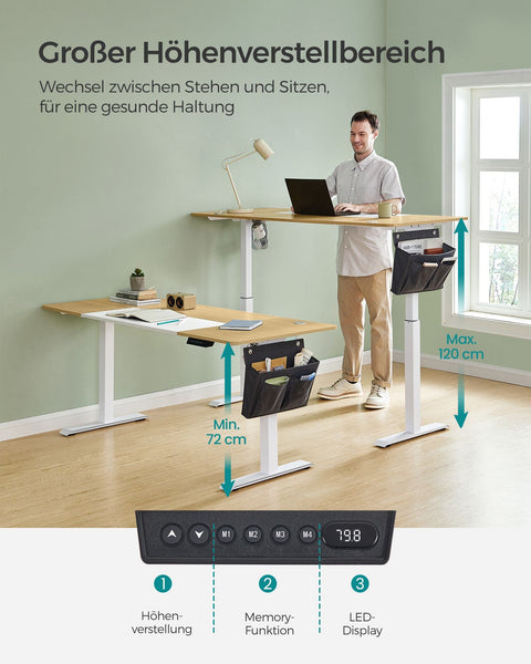 Rootz Electric Standing Desk - Adjustable Desk - Sit Stand Desk - Chipboard Steel Frame - Non-Woven Fabric - Pastel Yellow-Base White - 70cm x 160cm x (72-120)cm - 1.5cm Table Top - 31.2kg Weight - 80kg Max. Load Capacity