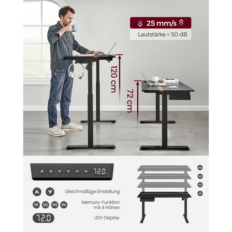 Rootz Electric Standing Desk Converter - Black Desk Riser - Height Adjustable Desk - Chipboard & Steel - Quiet Operation - 60cm x 140cm x 120cm