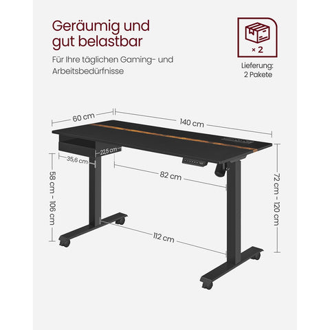 Rootz Electric Standing Desk Converter - Black Desk Riser - Height Adjustable Desk - Chipboard & Steel - Quiet Operation - 60cm x 140cm x 120cm