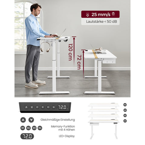 Rootz Electric Standing Desk - Height Adjustable Desk - Sit Stand Desk - White Chipboard - Steel Frame - 60cm x 140cm x 72-120cm
