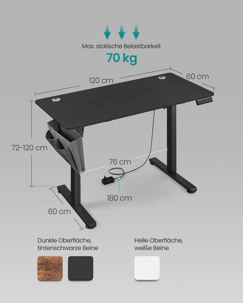 Rootz Electric Standing Desk - Office Desk - Adjustable Desk - Particle Board - Steel Frame - Oxford Cloth - 60cm x 120cm x (72-120cm)