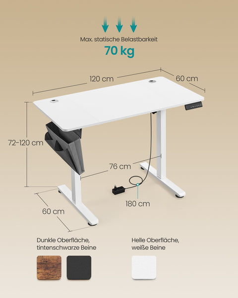 Rootz Electric Standing Desk - Height Adjustable Desk - Sit Stand Desk - Particle Board and Steel - 60cm x 120cm x 120cm - Cloud White