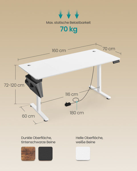 Rootz Electric Standing Desk - Height Adjustable Desk - Sit Stand Desk - Particle Board - Steel Frame - Oxford Cloth - 60cm x 160cm x (72-120)cm