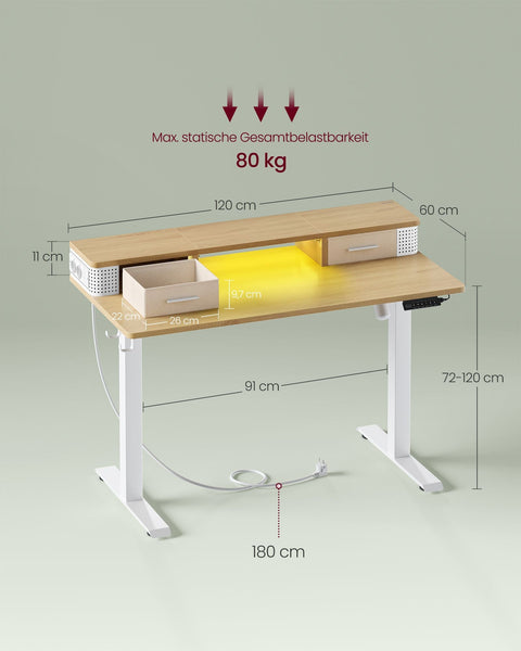 Rootz Electric Height Adjustable Desk - Standing Desk - Sit Stand Desk - Particle Board - Steel Frame - Oxford Cloth - 60cm x 120cm x (72-120) cm