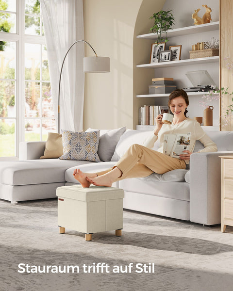 Rootz Storage Ottoman - Footrest - Upholstered Stool - MDF Fabric - 25D Foam - 32cm x 40cm x 33.5cm - Cream White