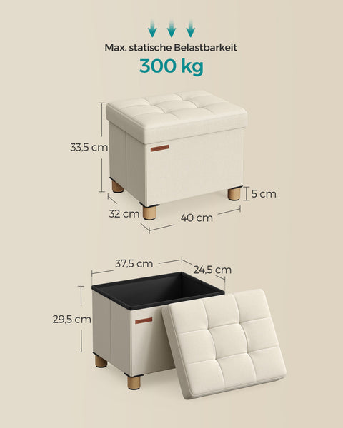 Rootz Storage Ottoman - Footrest - Upholstered Stool - MDF Fabric - 25D Foam - 32cm x 40cm x 33.5cm - Cream White