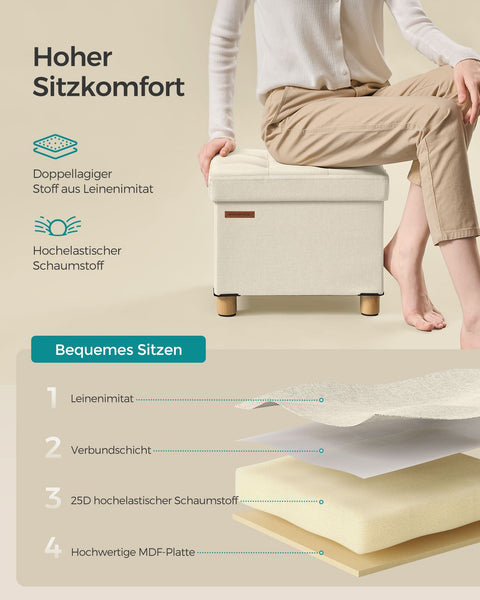 Rootz Storage Ottoman - Footrest - Upholstered Stool - MDF Fabric - 25D Foam - 32cm x 40cm x 33.5cm - Cream White
