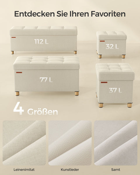 Rootz Storage Ottoman - Footrest - Upholstered Stool - MDF Fabric - 25D Foam - 32cm x 40cm x 33.5cm - Cream White
