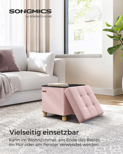 Rootz Pastel Pink Seat Chest - Storage Ottoman - Footstool - Imitation Linen - Foam Padding - MDF Construction - 38cm x 38cm x 40cm - 3.5kg - 300kg Capacity - 37L Storage
