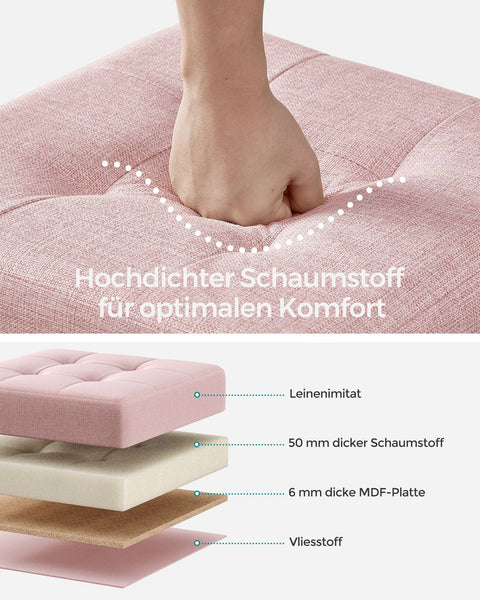 Rootz Pastel Pink Seat Chest - Storage Ottoman - Footstool - Imitation Linen - Foam Padding - MDF Construction - 38cm x 38cm x 40cm - 3.5kg - 300kg Capacity - 37L Storage