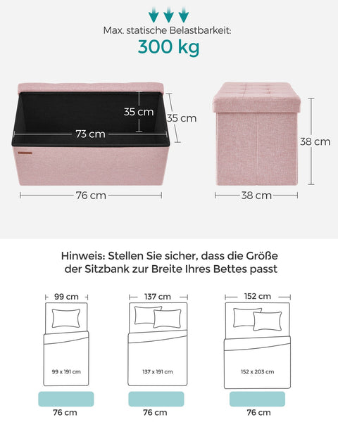 Rootz Storage Stool - Ottoman Bench - Toy Box Organizer - MDF & Linen - 38cm x 76cm x 38cm - Pastel Pink