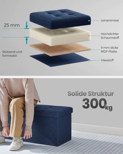 Rootz Midnight Blue Seat Chest - Storage Ottoman - Upholstered Bench - MDF Construction - Imitation Linen - Foam Padding - 38cm x 110cm x 38cm