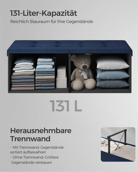 Rootz Midnight Blue Seat Chest - Storage Ottoman - Upholstered Bench - MDF Construction - Imitation Linen - Foam Padding - 38cm x 110cm x 38cm