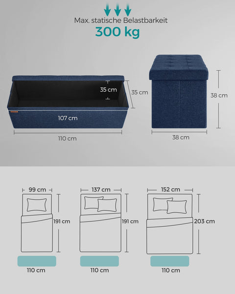 Rootz Midnight Blue Seat Chest - Storage Ottoman - Upholstered Bench - MDF Construction - Imitation Linen - Foam Padding - 38cm x 110cm x 38cm