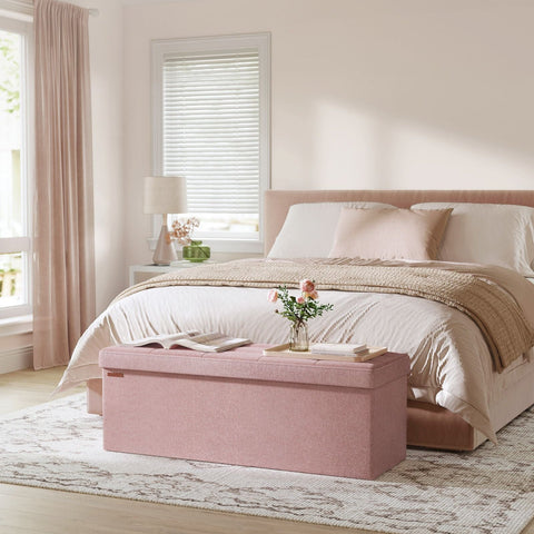Rootz Pink Ottoman Storage Bench - MDF Upholstered Seat - Linen Finish - High Resilience Foam - 38cm x 110cm x 38cm - 300kg Capacity