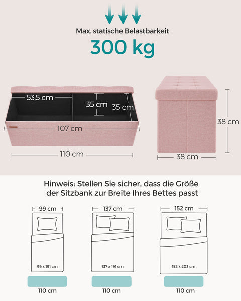 Rootz Pink Ottoman Storage Bench - MDF Upholstered Seat - Linen Finish - High Resilience Foam - 38cm x 110cm x 38cm - 300kg Capacity