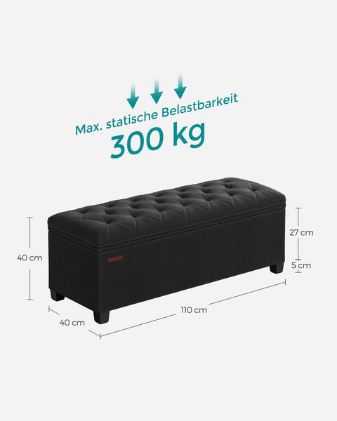 Rootz Ottoman Storage Stool - Storage Bench - Upholstered Bench - MDF Construction - 40cm x 110cm x 40cm - Ink Black