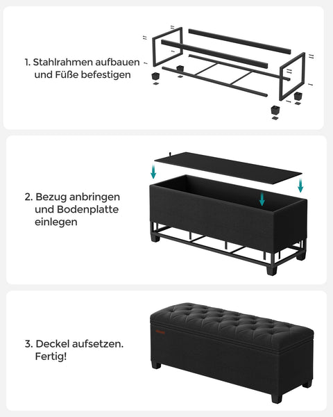 Rootz Ottoman Storage Stool - Storage Bench - Upholstered Bench - MDF Construction - 40cm x 110cm x 40cm - Ink Black